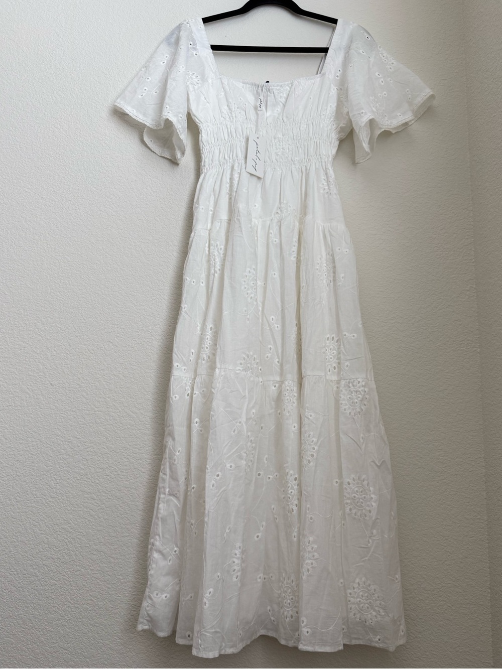Petal + Pup | White Eyelet Smocked Whimsical Midi Dress - Picture 2 of 8
